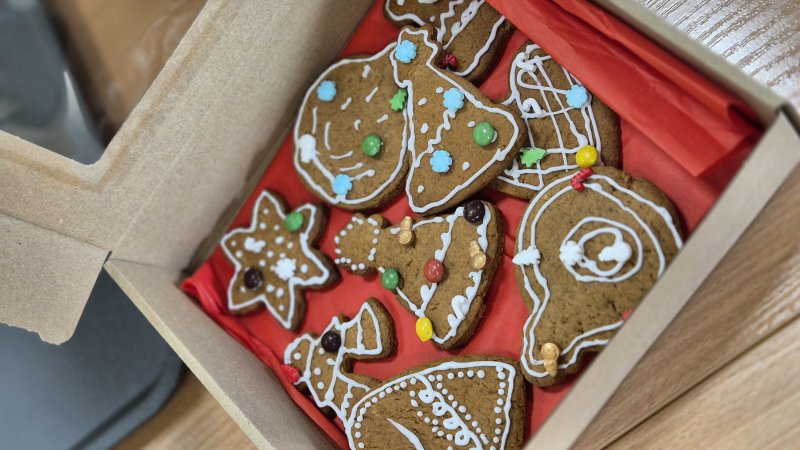 Pudełko ręcznie zdobionych pierników lukrowanych w kształtach świątecznych